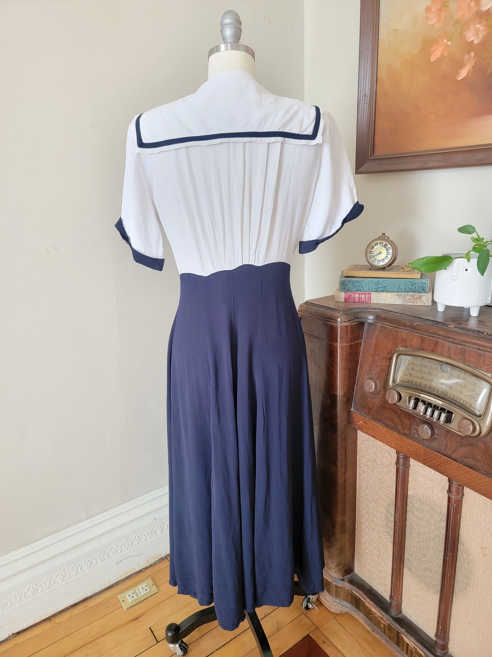 Vintage 80's Navy White Sailor-Style Pinup Dress 8 Medium - Picture 4 of 8